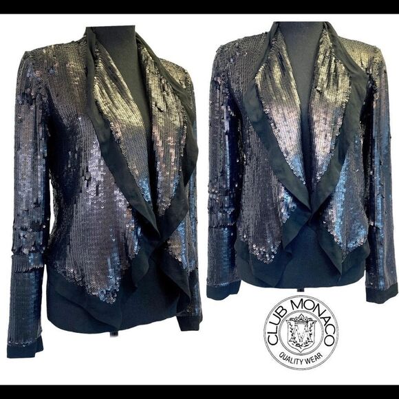 Club Monaco Womens XS Cora Silk Sequin Blazer Jacket Black Drape Front - Picture 11 of 11